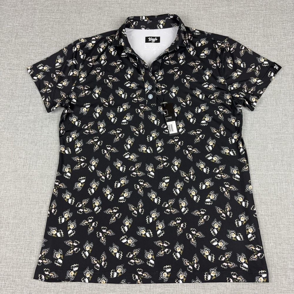 Waggle Polo Shirt Womens Large Black Butterfly Short Sleeve Golf Stretch Top